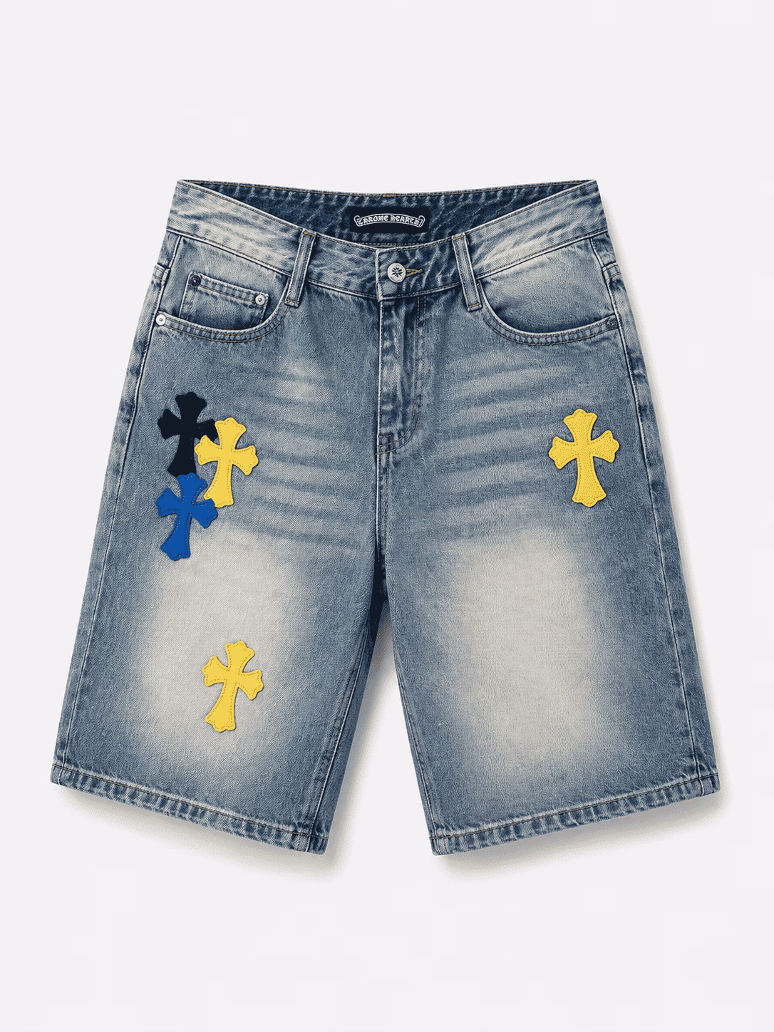 Chrome Hearts Multi Cross Patch Washed Denim Shorts Chrome Hearts Multi Cross Patch Washed Denim Shorts